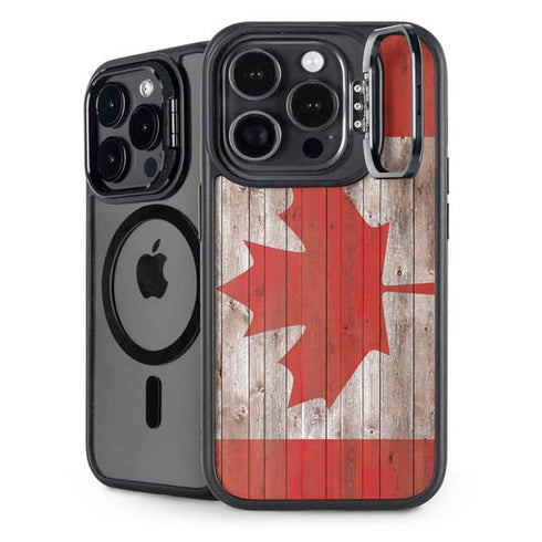 Canadian Flag Dark Wood iPhone 14 Pro Max Kickstand Case