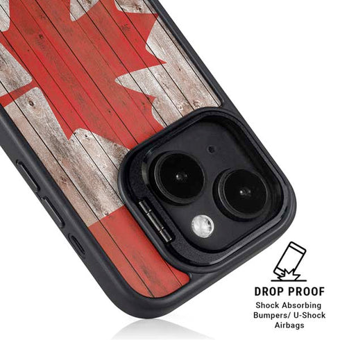 Canadian Flag Dark Wood iPhone 15 Kickstand Case
