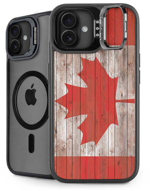Canadian Flag Dark Wood iPhone 16 Plus Kickstand Case