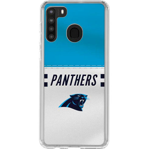 NFL Carolina Panthers White Striped Galaxy A21 Clear Case