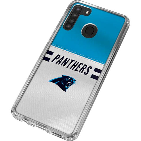 NFL Carolina Panthers White Striped Galaxy A21 Clear Case