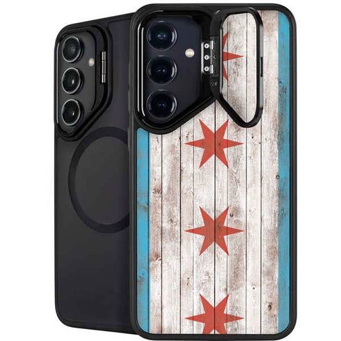 Chicago Flag Dark Wood Galaxy S24 FE Kickstand Case