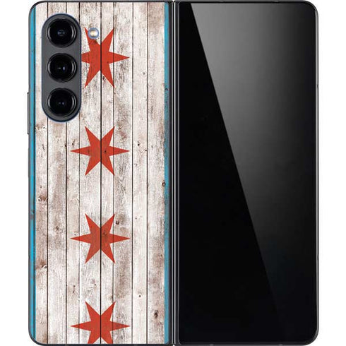 Chicago Flag Dark Wood Galaxy Z Fold5 5G Skin