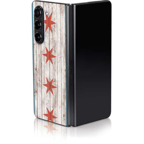 Chicago Flag Dark Wood Galaxy Z Fold5 5G Skin