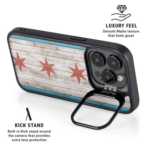 Chicago Flag Dark Wood iPhone 14 Pro Max Kickstand Case