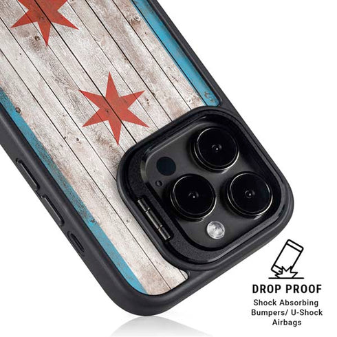 Chicago Flag Dark Wood iPhone 14 Pro Max Kickstand Case