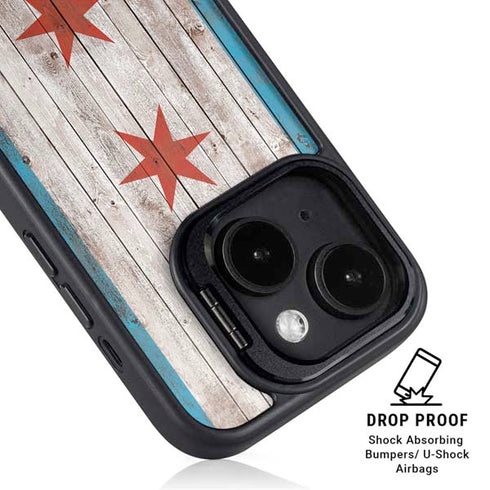Chicago Flag Dark Wood iPhone 15 Plus Kickstand Case