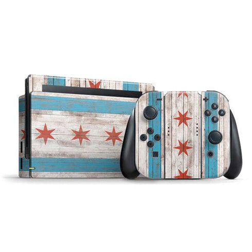 Chicago Flag Dark Wood Nintendo Skins