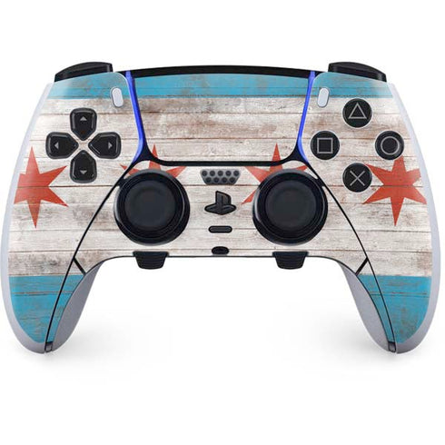 Chicago Flag Dark Wood PS5 DualSense Edge Pro Controller Skin