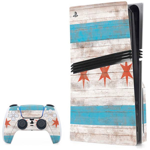Chicago Flag Dark Wood PS5 Pro Disk Bundle Skin
