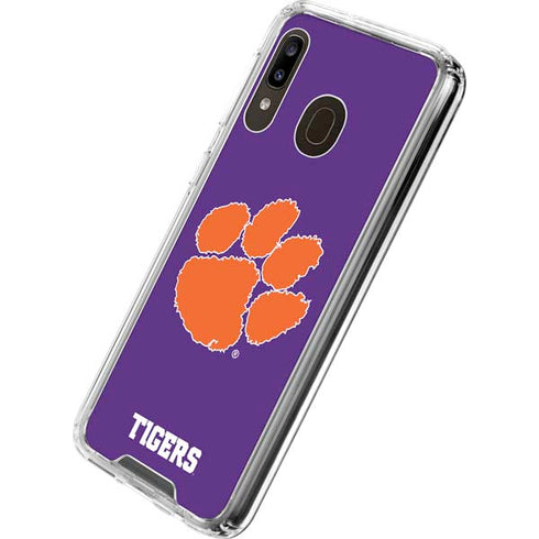 Clemson University Tiger Print Purple Galaxy A30 Clear Case