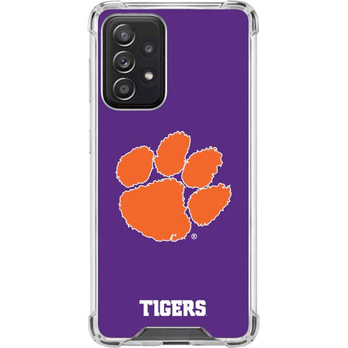 Clemson University Tiger Print Purple Galaxy A52 5G Clear Case