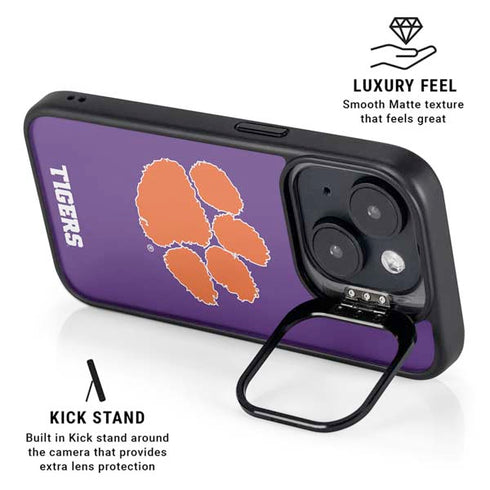 Clemson University Tiger Print Purple iPhone 15 Plus Kickstand Case
