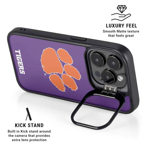 Clemson University Tiger Print Purple iPhone 15 Pro Kickstand Case