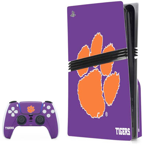 Clemson University Tiger Print Purple PS5 Pro Disk Bundle Skin