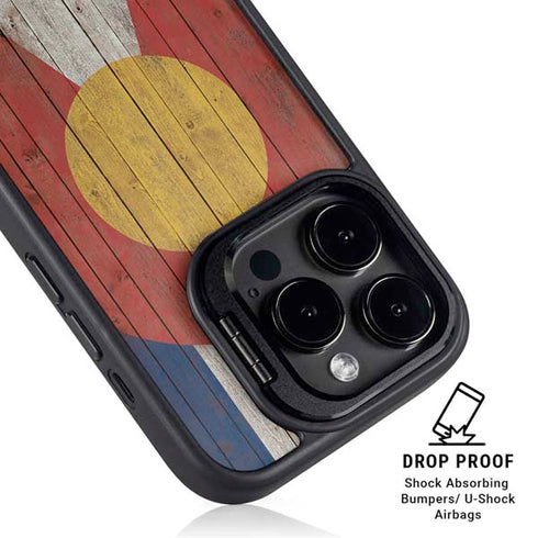 Colorado Flag Dark Wood iPhone 16 Pro Kickstand Case