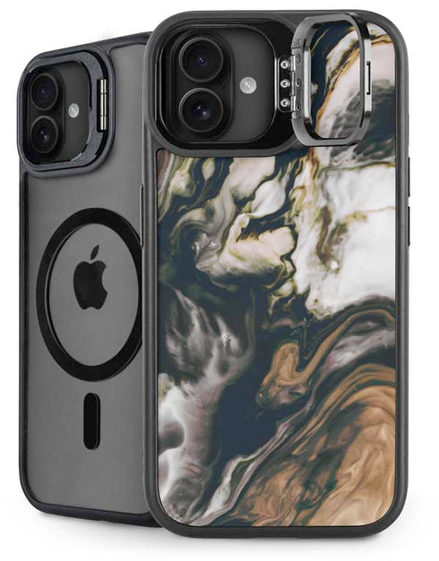 Copper and Black Marble Ink iPhone 16 Kickstand Case
