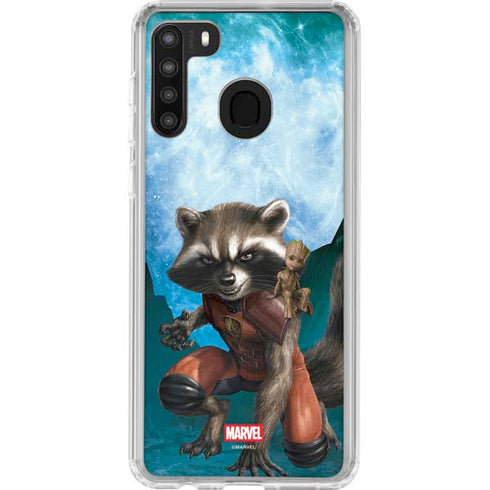 Marvel Rocket and Baby Groot Cosmic Bond Galaxy A21 Clear Case