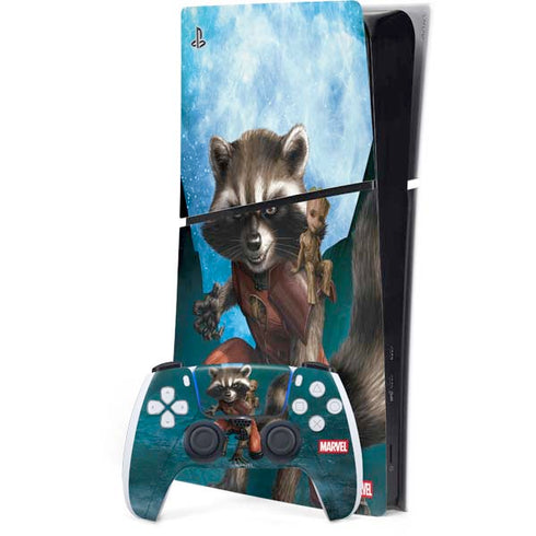 Marvel Rocket and Baby Groot Cosmic Bond PS5 Slim Digital Edition Bundle Skin