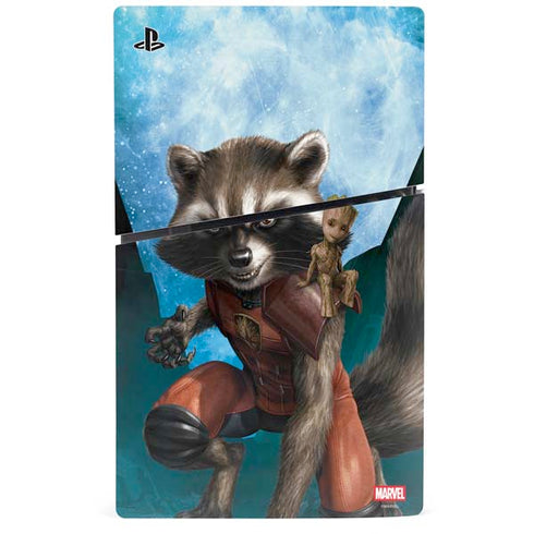Marvel Rocket and Baby Groot Cosmic Bond PS5 Slim Digital Edition Bundle Skin