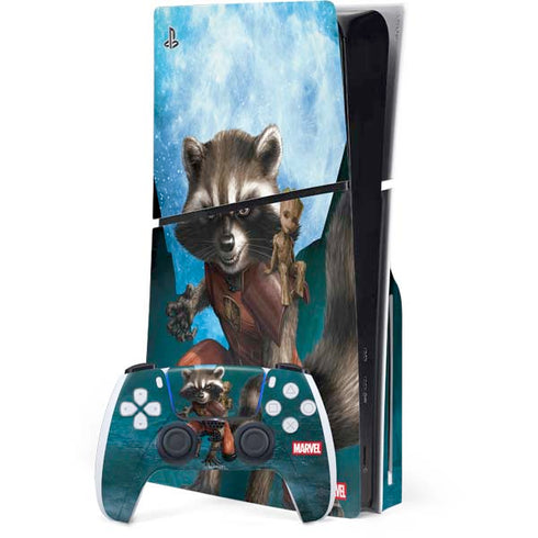 Marvel Rocket and Baby Groot Cosmic Bond PS5 Slim Disk Bundle Skin