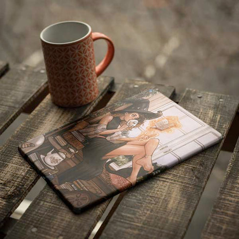 Cozy Autumn Library Witch with Cat and Coffee by Ivy Dolamore iPad Skins