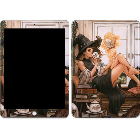 Cozy Autumn Library Witch with Cat and Coffee by Ivy Dolamore Apple iPad Skin