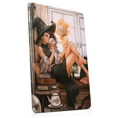 Cozy Autumn Library Witch with Cat and Coffee by Ivy Dolamore Apple iPad Skin