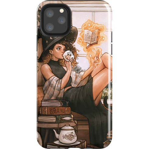 Cozy Autumn Library Witch with Cat and Coffee by Ivy Dolamore iPhone Cases