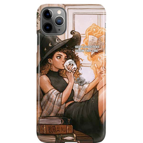 Cozy Autumn Library Witch with Cat and Coffee by Ivy Dolamore iPhone Cases