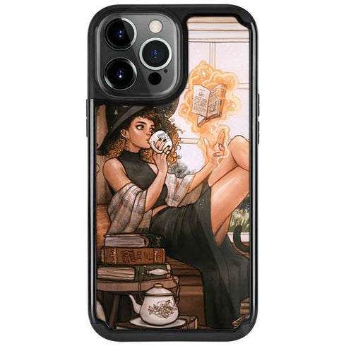 Cozy Autumn Library Witch with Cat and Coffee by Ivy Dolamore iPhone Cases