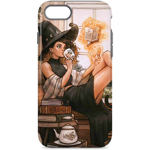 Cozy Autumn Library Witch with Cat and Coffee by Ivy Dolamore iPhone Cases