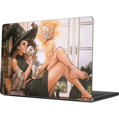 Cozy Autumn Library Witch with Cat and Coffee by Ivy Dolamore Apple MacBook Pro 14-inch Skin