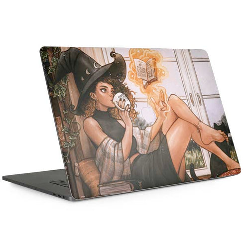 Cozy Autumn Library Witch with Cat and Coffee by Ivy Dolamore MacBook Skins