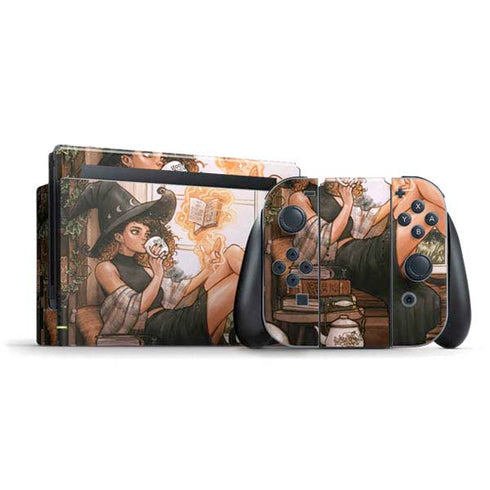 Cozy Autumn Library Witch with Cat and Coffee by Ivy Dolamore Nintendo Skins