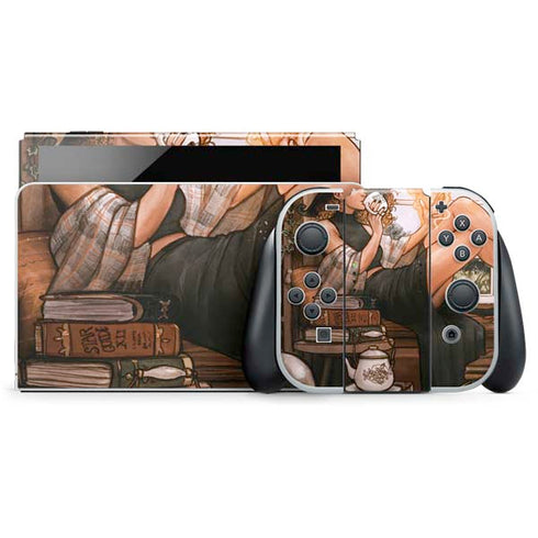 Cozy Autumn Library Witch with Cat and Coffee by Ivy Dolamore Nintendo Skins