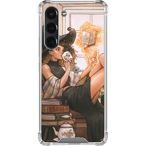 Cozy Autumn Library Witch with Cat and Coffee by Ivy Dolamore Galaxy S24 FE Clear Case