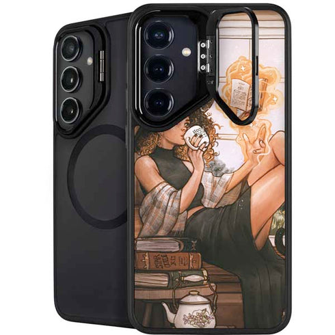 Cozy Autumn Library Witch with Cat and Coffee by Ivy Dolamore Galaxy S25 Kickstand Case