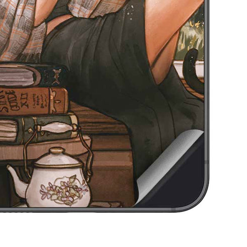 Cozy Autumn Library Witch with Cat and Coffee by Ivy Dolamore Galaxy S25 Plus Skin