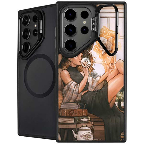 Cozy Autumn Library Witch with Cat and Coffee by Ivy Dolamore Galaxy Cases