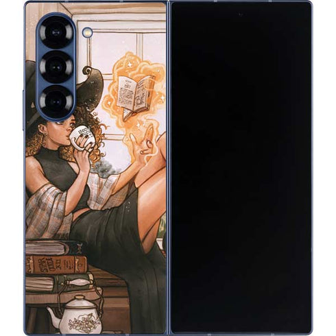 Cozy Autumn Library Witch with Cat and Coffee by Ivy Dolamore Galaxy Z Fold6 Skin