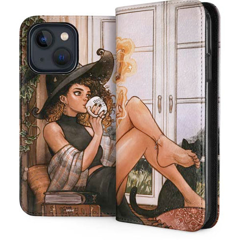 Cozy Autumn Library Witch with Cat and Coffee by Ivy Dolamore iPhone 13 Folio Case