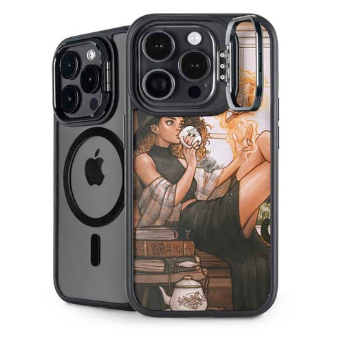 Cozy Autumn Library Witch with Cat and Coffee by Ivy Dolamore iPhone 14 Pro Kickstand Case
