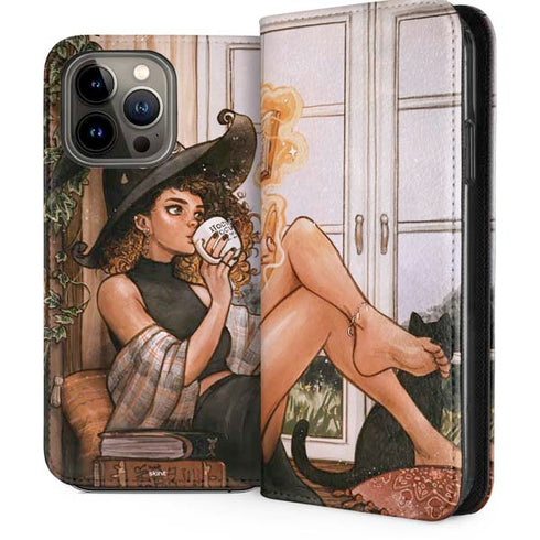 Cozy Autumn Library Witch with Cat and Coffee by Ivy Dolamore iPhone 14 Pro Max Folio Case