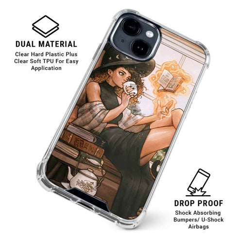 Cozy Autumn Library Witch with Cat and Coffee by Ivy Dolamore iPhone 15 Clear Case