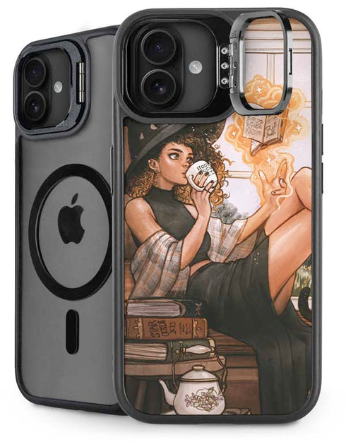 Cozy Autumn Library Witch with Cat and Coffee by Ivy Dolamore iPhone 16 Kickstand Case