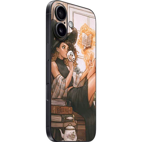 Cozy Autumn Library Witch with Cat and Coffee by Ivy Dolamore iPhone 16 Skin