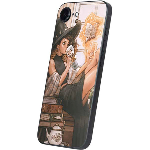 Cozy Autumn Library Witch with Cat and Coffee by Ivy Dolamore iPhone 16e Skin