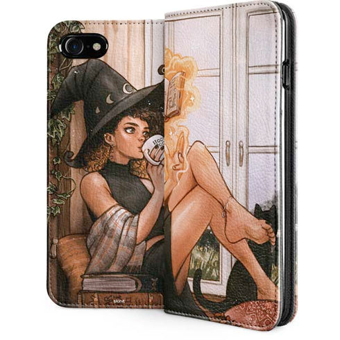 Cozy Autumn Library Witch with Cat and Coffee by Ivy Dolamore iPhone Cases