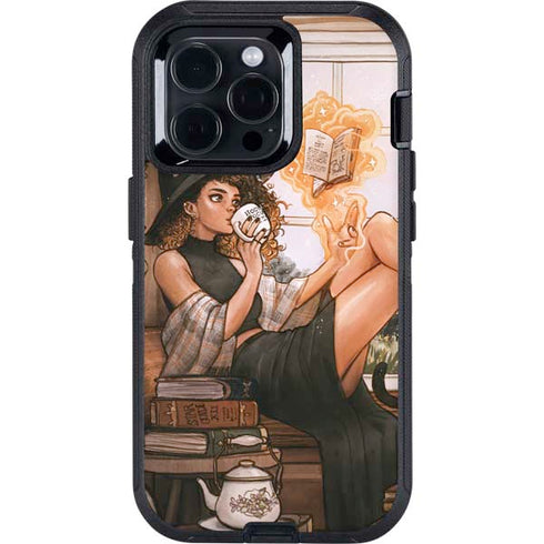 Cozy Autumn Library Witch with Cat and Coffee by Ivy Dolamore Otterbox Defender iPhone Skin